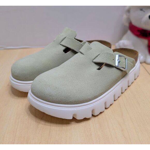 Birkenstock Papillio Boston Chunky Faded Lime Suede Leather Platform Clogs NWT - Picture 7 of 13